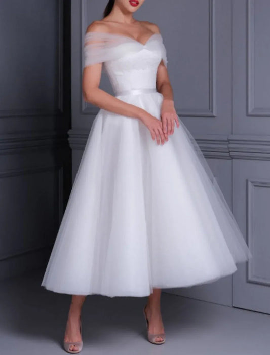 Off-Shoulder Tulle Midi Wedding Dress - Yihuiw by Yihuiw