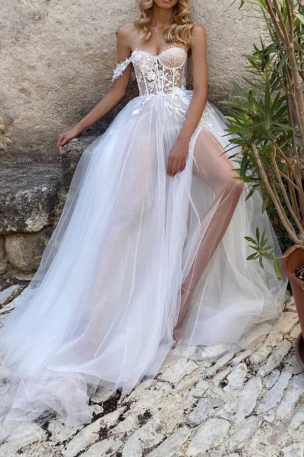 A-Line Strapless Tulle Lace-Up Back High Slit Wedding Dress - Yihuiw by Yihuiw