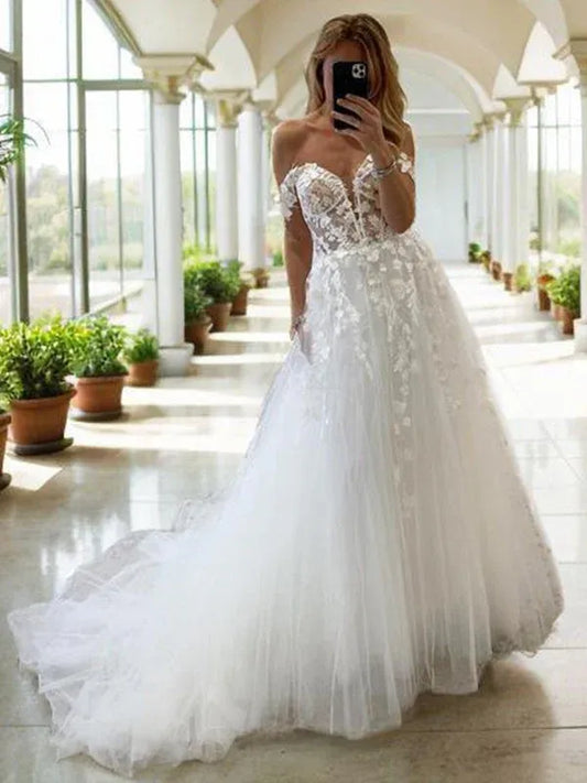 A-Line V-Neck Tulle Floor-Length Wedding Dress - Yihuiw by Yihuiw