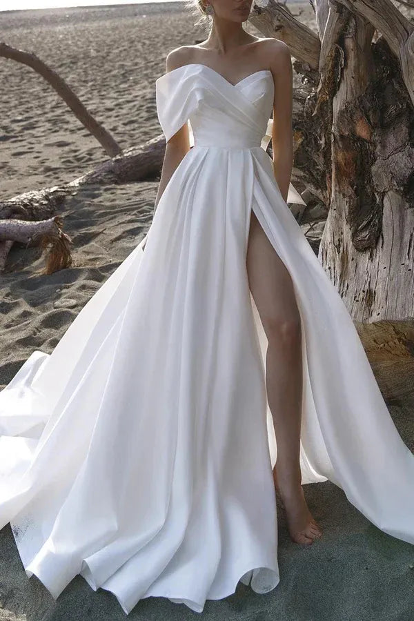 A-Line Satin High Slit Wedding Dress - Yihuiw by Yihuiw