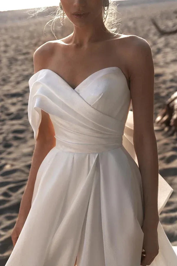 A-Line Satin High Slit Wedding Dress - Yihuiw by Yihuiw