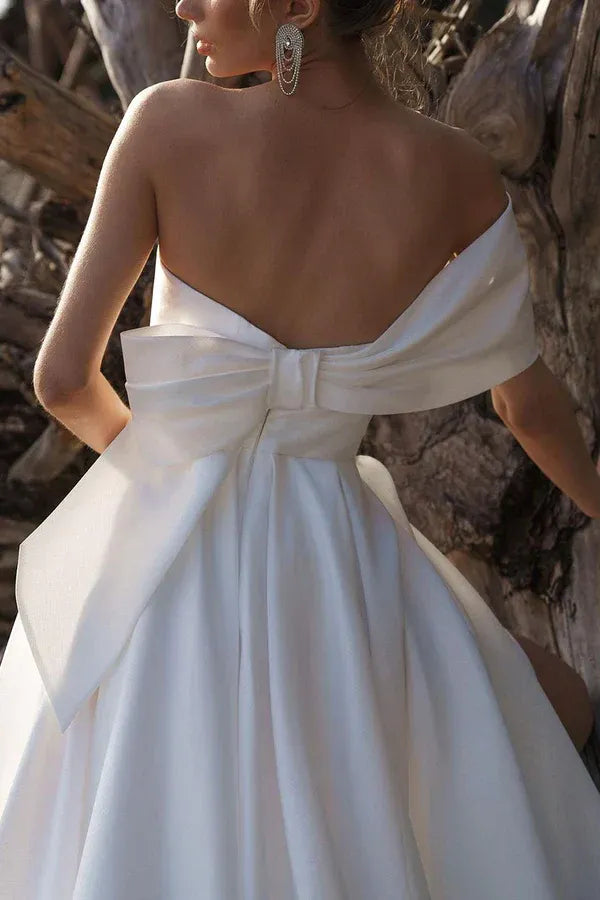 A-Line Satin High Slit Wedding Dress - Yihuiw by Yihuiw