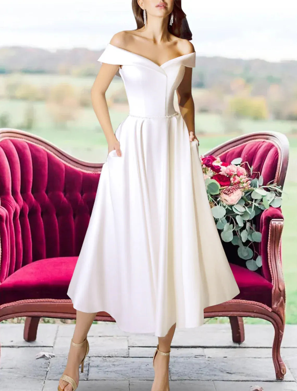 Satin Beaded Midi Wedding Dress - Yihuiw by Yihuiw