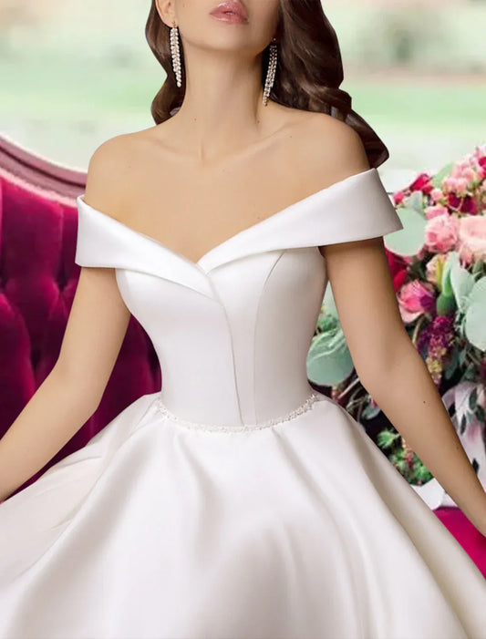 Satin Beaded Midi Wedding Dress - Yihuiw by Yihuiw