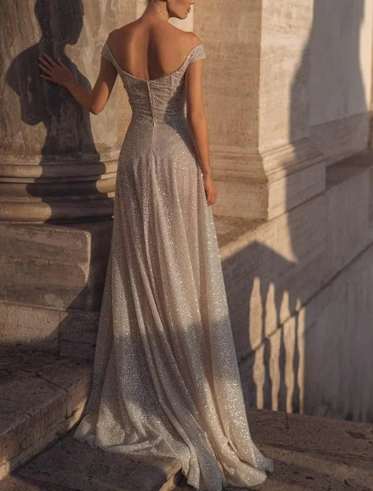 A-Line Tulle Open Back High Slit Wedding Dress - Yihuiw by Yihuiw