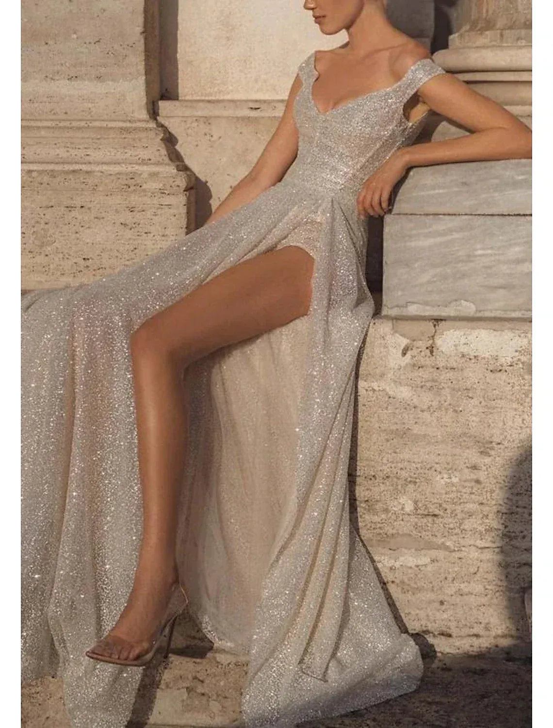 A-Line Tulle Open Back High Slit Wedding Dress - Yihuiw by Yihuiw