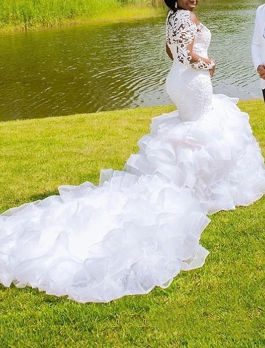 Multi Mermaid Tulle Ruffled Wedding Dress - Yihuiw by Yihuiw