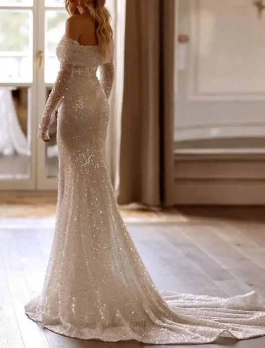 Mermaid Long Sleeve Train Wedding Dress - Yihuiw by Yihuiw