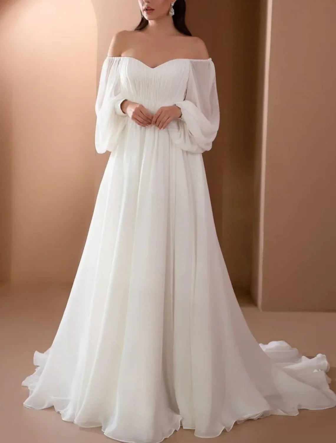 A-Line Chiffon Long Sleeve Train Wedding Dress - Yihuiw by Yihuiw