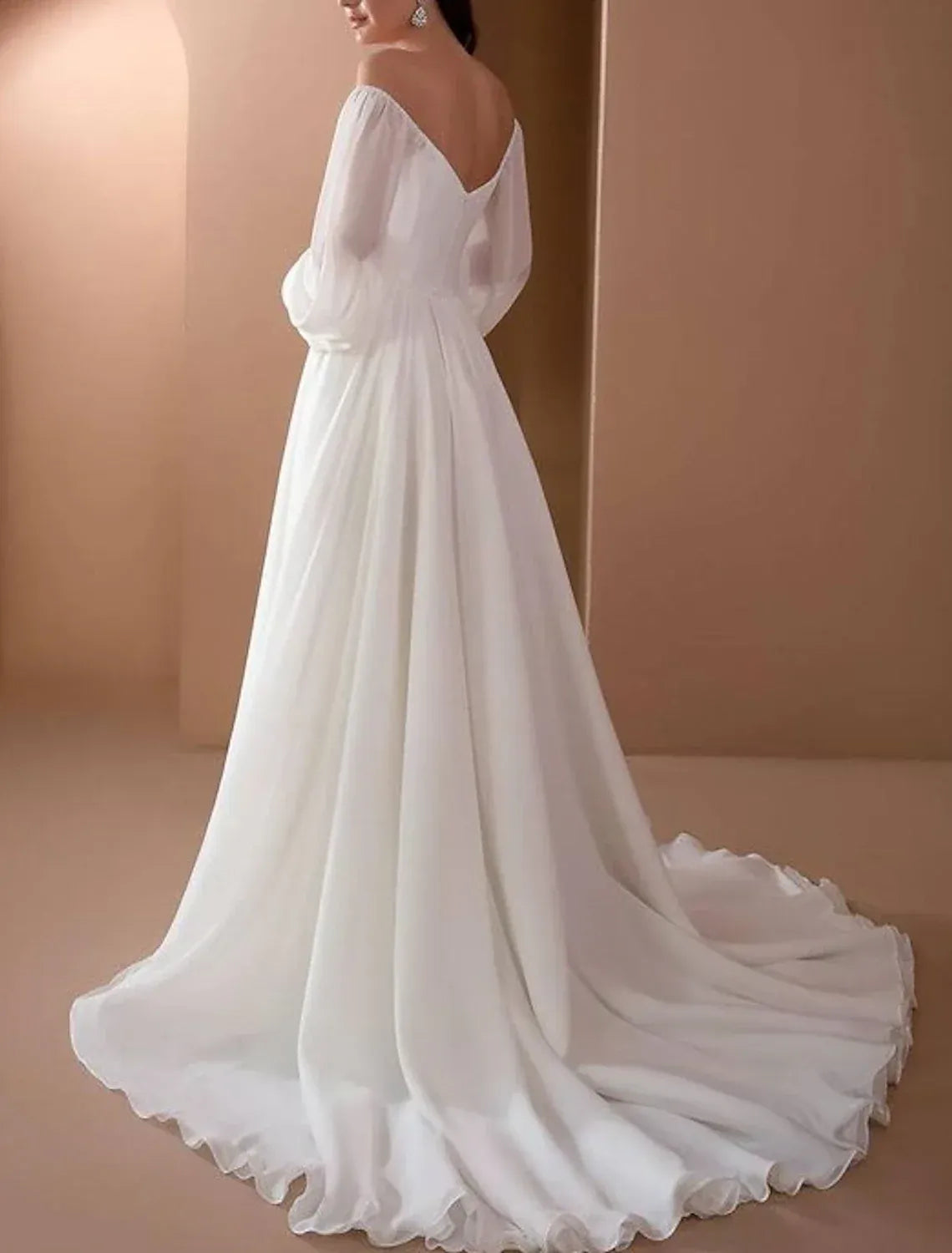 A-Line Chiffon Long Sleeve Train Wedding Dress - Yihuiw by Yihuiw