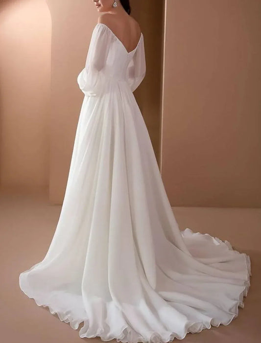 A-Line Chiffon Long Sleeve Train Wedding Dress - Yihuiw by Yihuiw