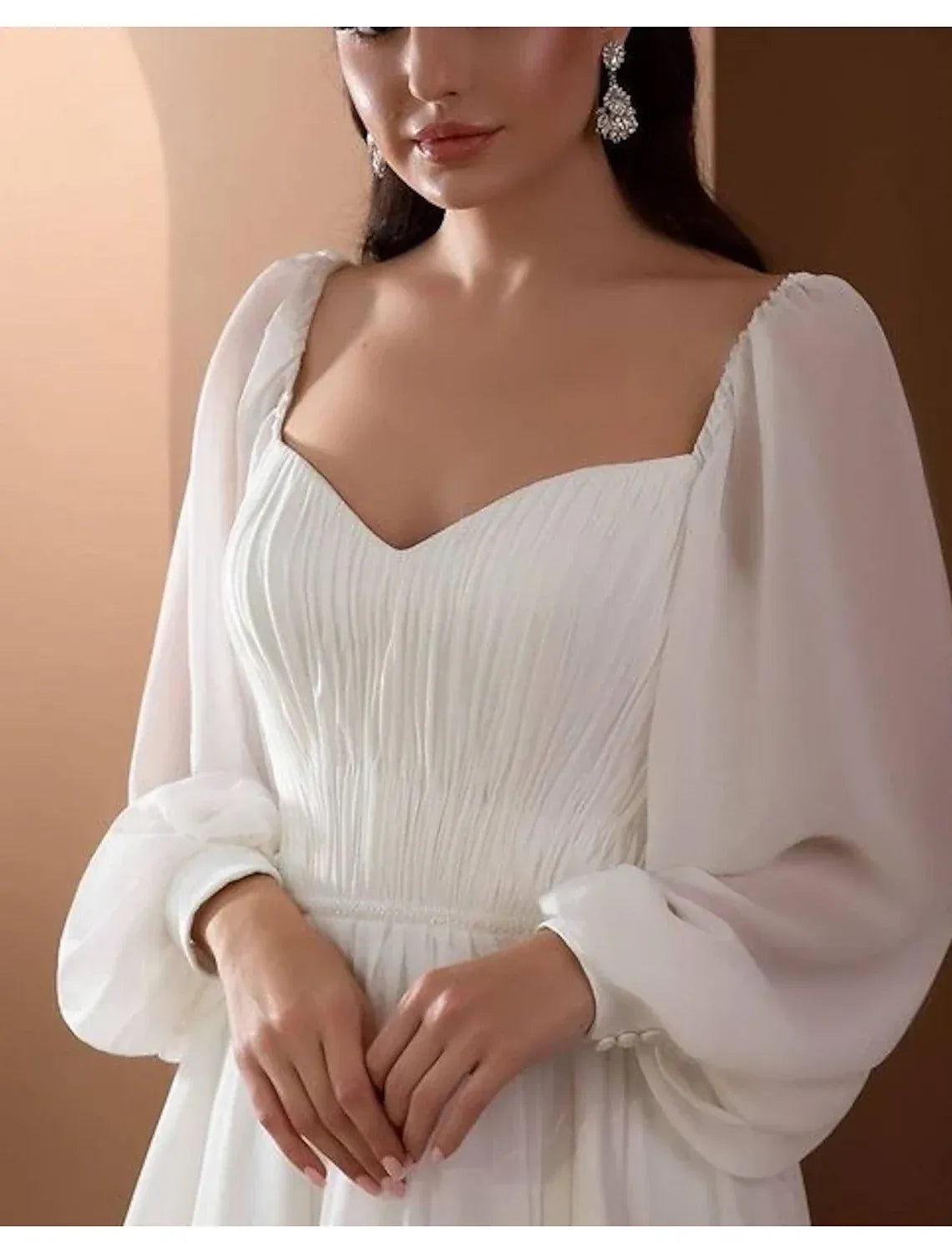 A-Line Chiffon Long Sleeve Train Wedding Dress - Yihuiw by Yihuiw