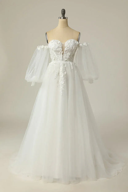 A-Line Tulle Puff Sleeve Train Wedding Dress - Yihuiw by Yihuiw