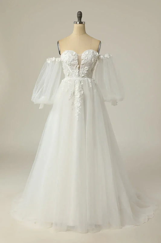 A-Line Tulle Puff Sleeve Train Wedding Dress - Yihuiw by Yihuiw