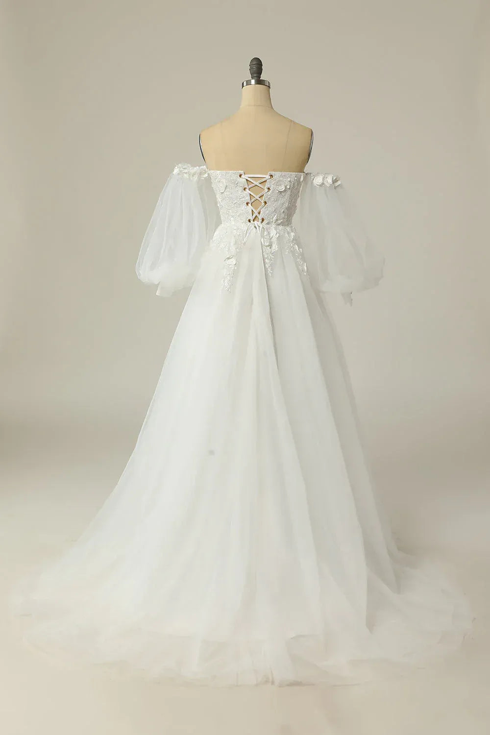 A-Line Tulle Puff Sleeve Train Wedding Dress - Yihuiw by Yihuiw