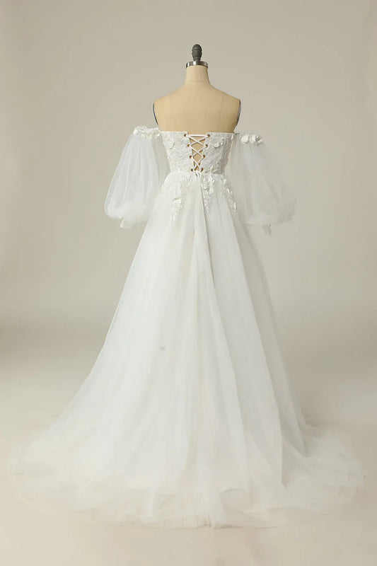 A-Line Tulle Puff Sleeve Train Wedding Dress - Yihuiw by Yihuiw