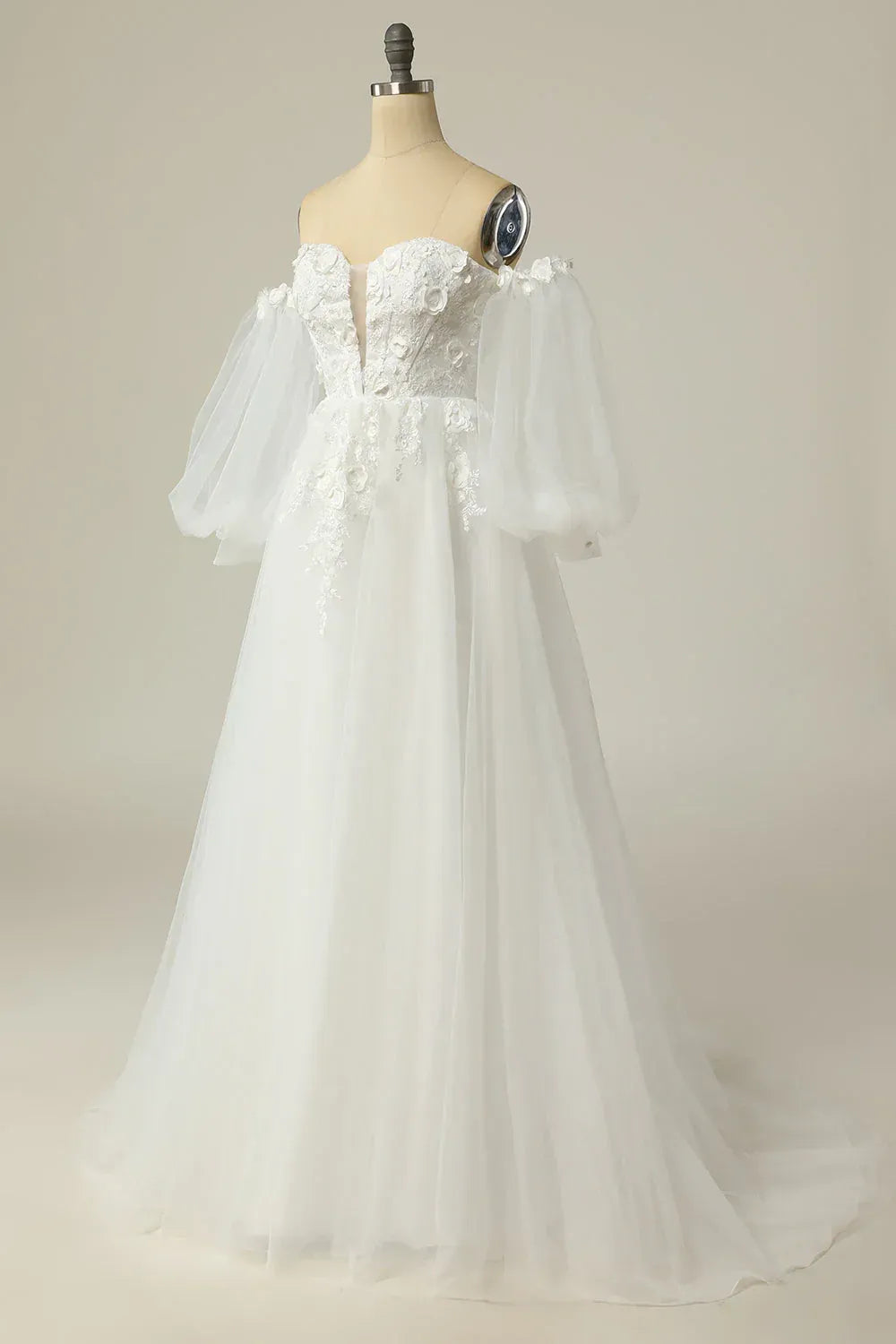 A-Line Tulle Puff Sleeve Train Wedding Dress - Yihuiw by Yihuiw
