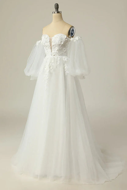 A-Line Tulle Puff Sleeve Train Wedding Dress - Yihuiw by Yihuiw