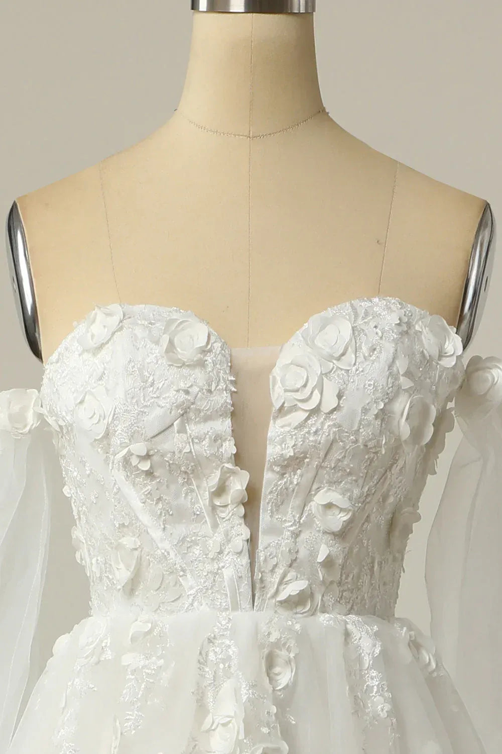 A-Line Tulle Puff Sleeve Train Wedding Dress - Yihuiw by Yihuiw