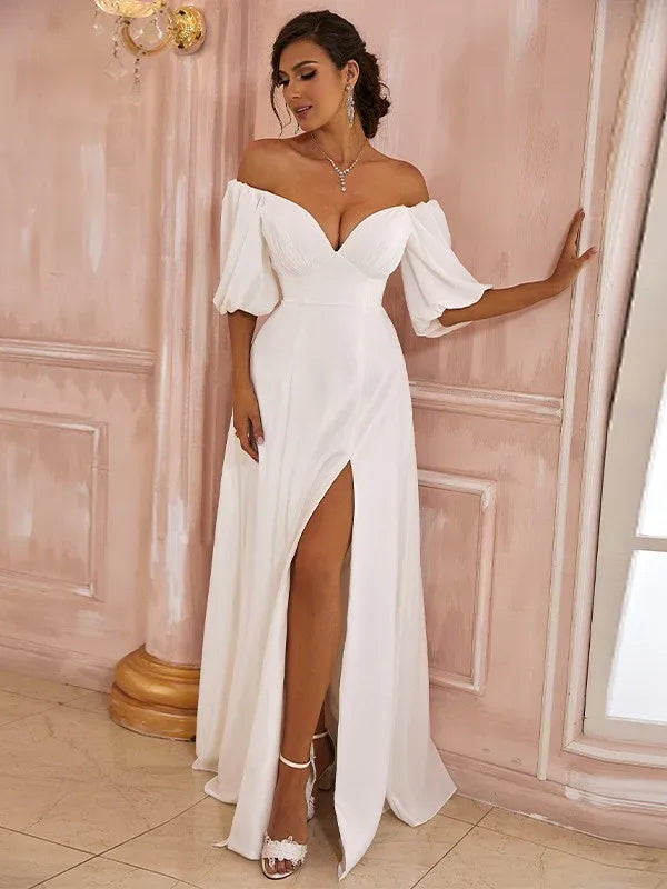 Chiffon High Slit Mini Wedding Dress - Yihuiw by Yihuiw