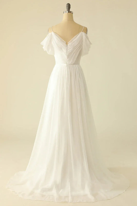A-Line V-Neck Chiffon Train Wedding Dress - Yihuiw by Yihuiw