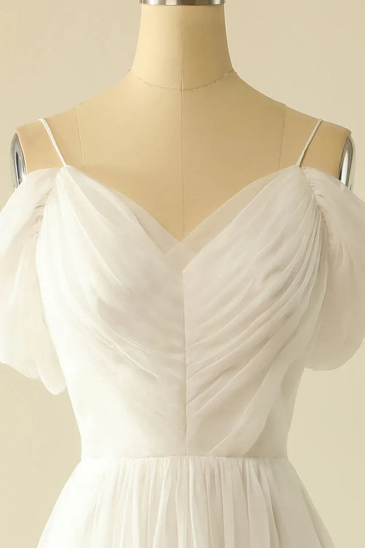 A-Line V-Neck Chiffon Train Wedding Dress - Yihuiw by Yihuiw