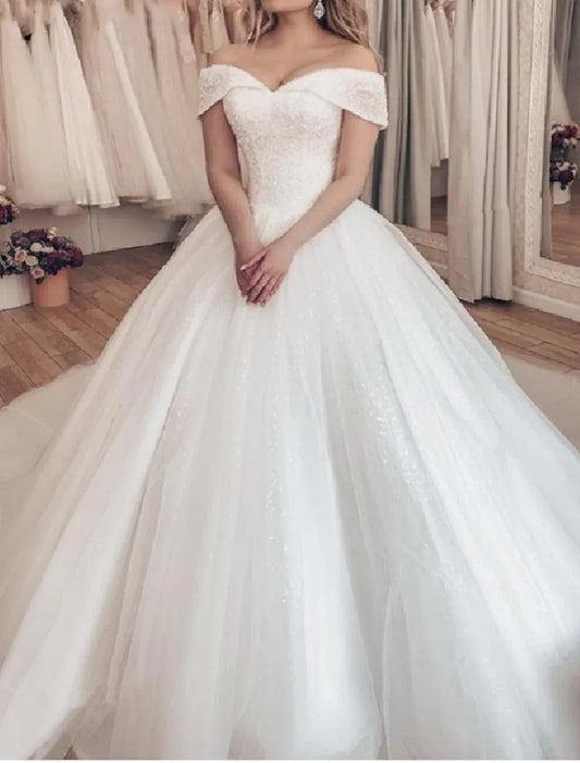 Ball Gown Tulle Lace-Up Back Train Wedding Gown - Yihuiw by Yihuiw