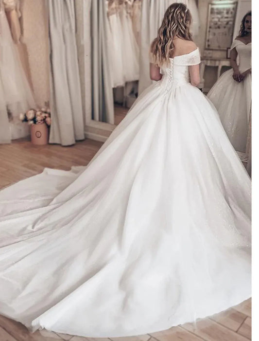 Ball Gown Tulle Lace-Up Back Train Wedding Gown - Yihuiw by Yihuiw