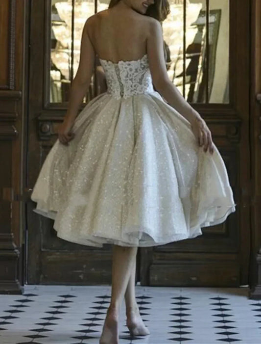 A-Line Sweetheart Tulle Lace-Up Back Mini Wedding Dress - Yihuiw by Yihuiw