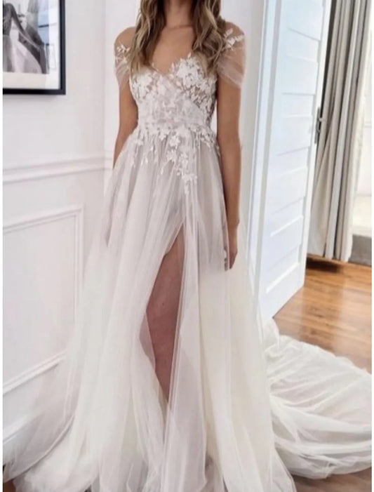 Tulle High Slit Wedding Dress - Yihuiw by Yihuiw