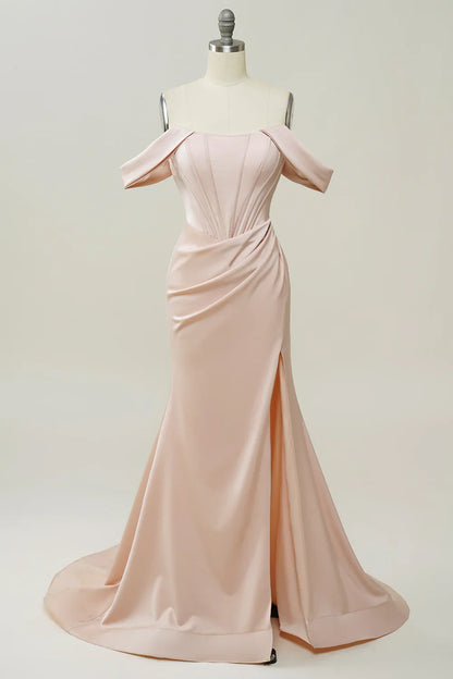 Elegant Blush Satin Mermaid Prom Dress with Off-Shoulder Straps and High Slit – Formal Evening Gown