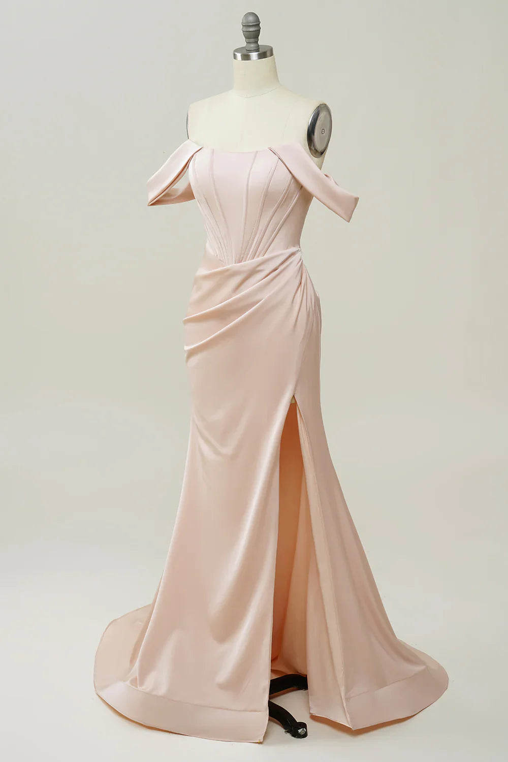 Elegant Blush Satin Mermaid Prom Dress with Off-Shoulder Straps and High Slit – Formal Evening Gown