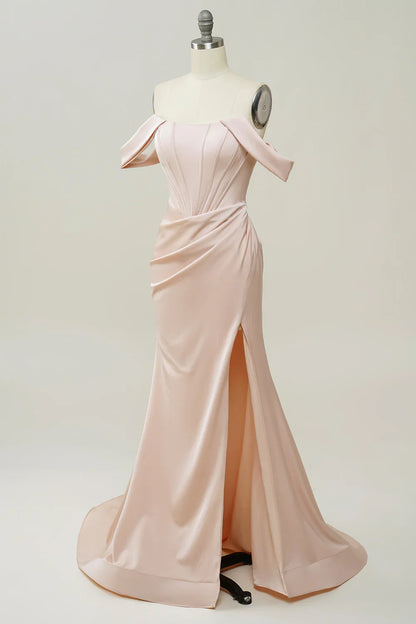 Elegant Blush Satin Mermaid Prom Dress with Off-Shoulder Straps and High Slit – Formal Evening Gown