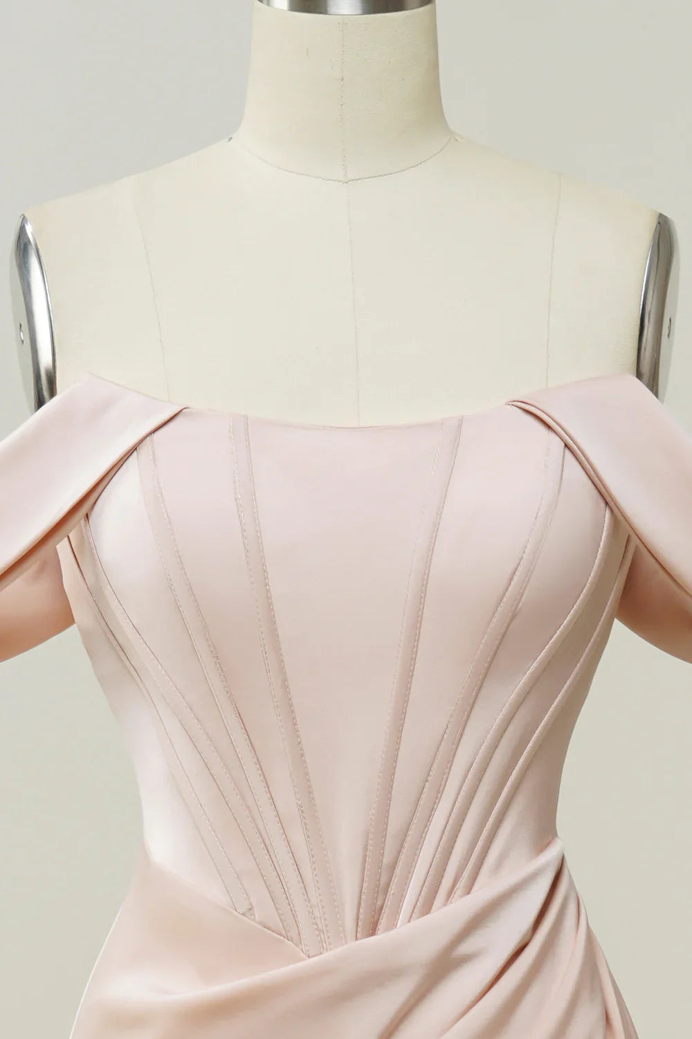 Elegant Blush Satin Mermaid Prom Dress with Off-Shoulder Straps and High Slit – Formal Evening Gown