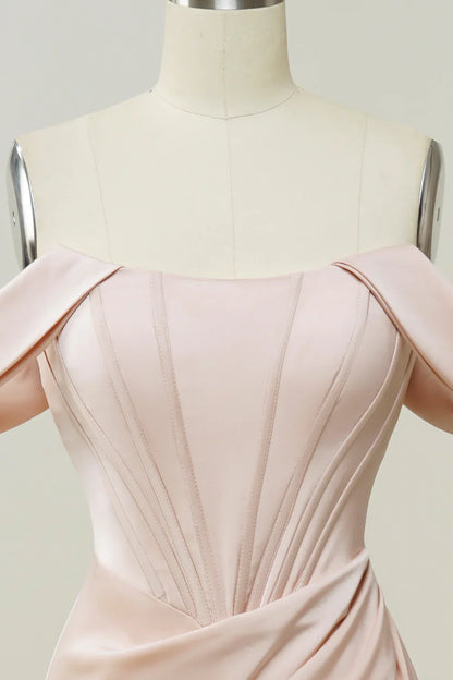 Elegant Blush Satin Mermaid Prom Dress with Off-Shoulder Straps and High Slit – Formal Evening Gown