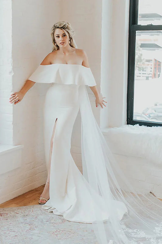 Off-the-Shoulder Crepe Wedding Dresses with Ruffle Bodice, High Slit and Detachable Tulle Train Bridal Dress