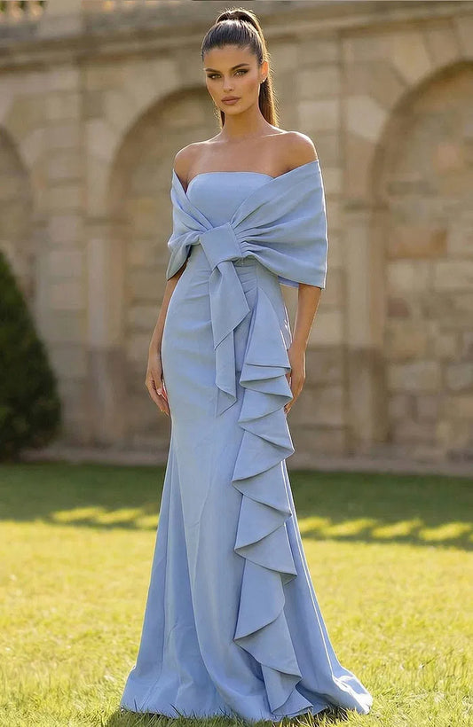 Off-the-Shoulder Evening Dress with Convertible Bow Detail, Ruffle Accent and Mermaid Silhouette