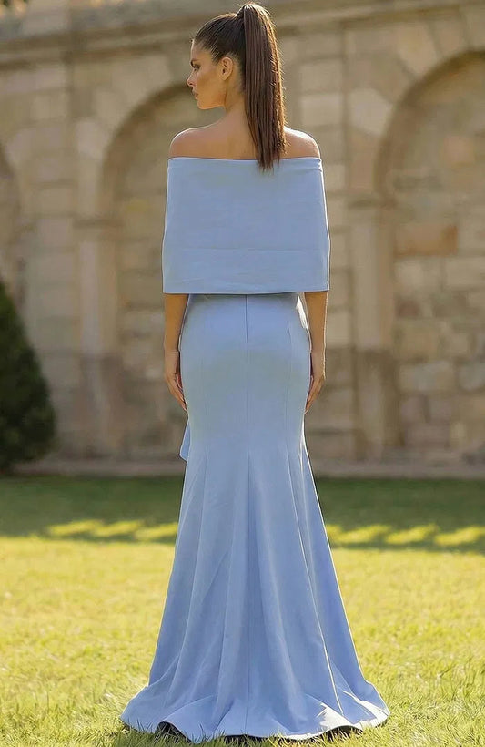 Off-the-Shoulder Evening Dress with Convertible Bow Detail, Ruffle Accent and Mermaid Silhouette