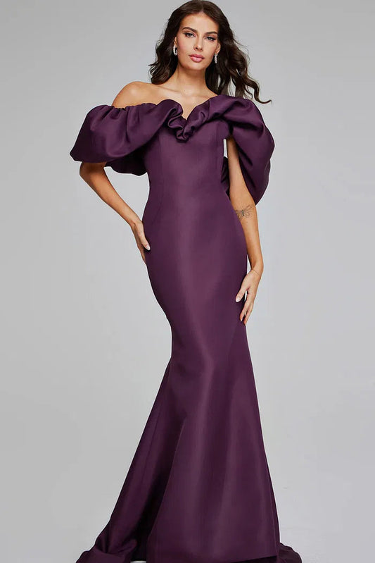 Off-the-Shoulder Evening Dress with Dramatic Ruffled Sleeves, Mermaid Silhouette and Sweeping Train