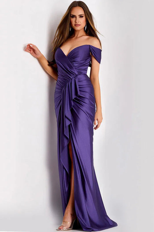 Off-the-Shoulder Evening Dress with Ruched Bodice Ruffle Detail High Slit and Satin Finish