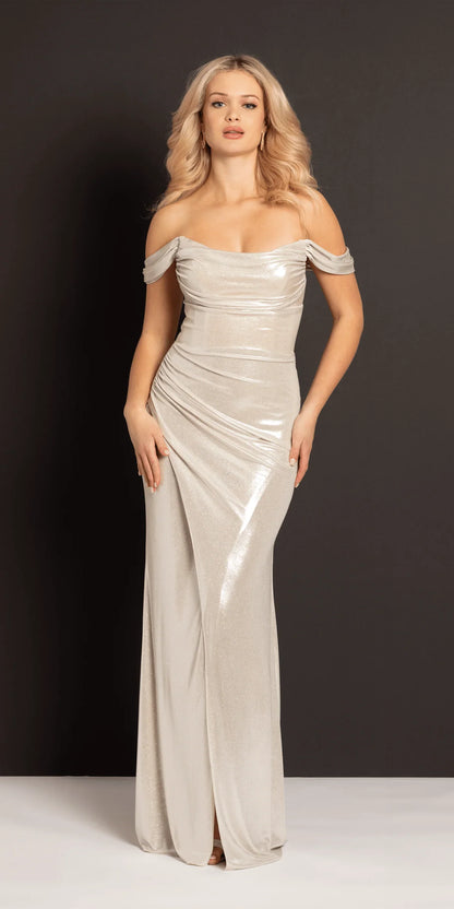 Vestidos de noche de satén brillante con hombros descubiertos, corte sirena, detalle drapeado y abertura frontal