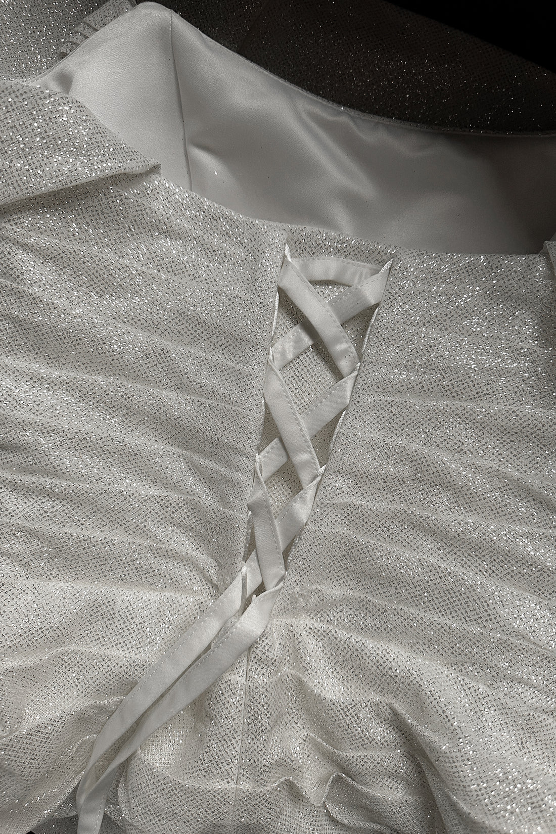 Off-the-Shoulder Glitter Sheath Wedding Dress Ruched Bodice Lace-Up Back High Slit Bridal Gown by LANQI DRESS