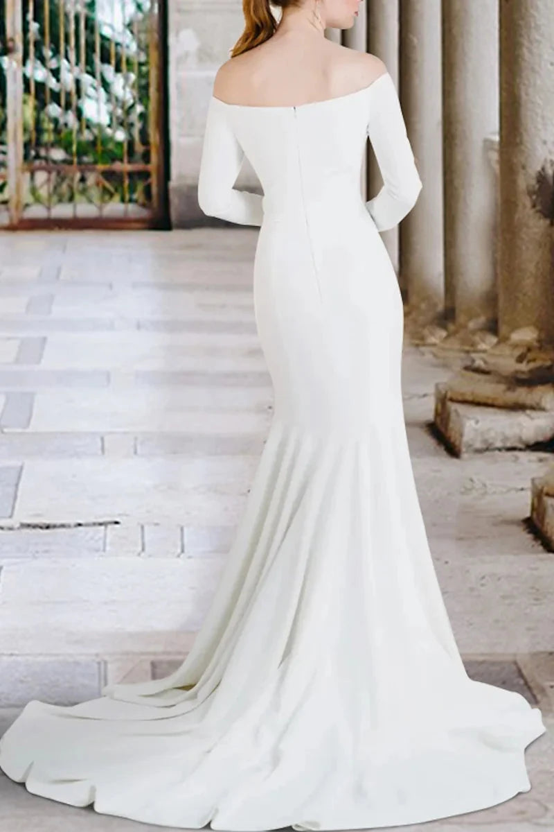 Off-the-Shoulder Long Sleeve Satin Mermaid Wedding Dress with Chapel Train by YiHuiw