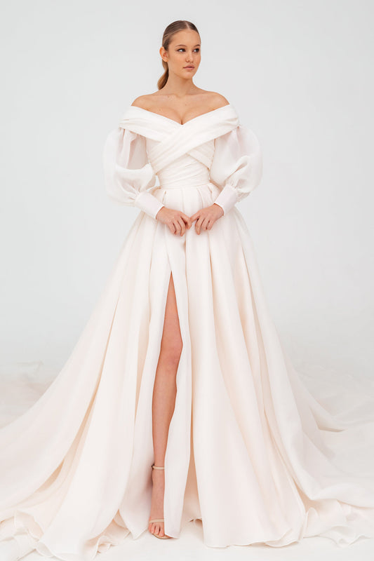 Off-the-Shoulder Organza Ballgown Wedding Dress Puff Sleeves Bow Back High Slit Cathedral Train Bridal Gown by LANQI DRESS