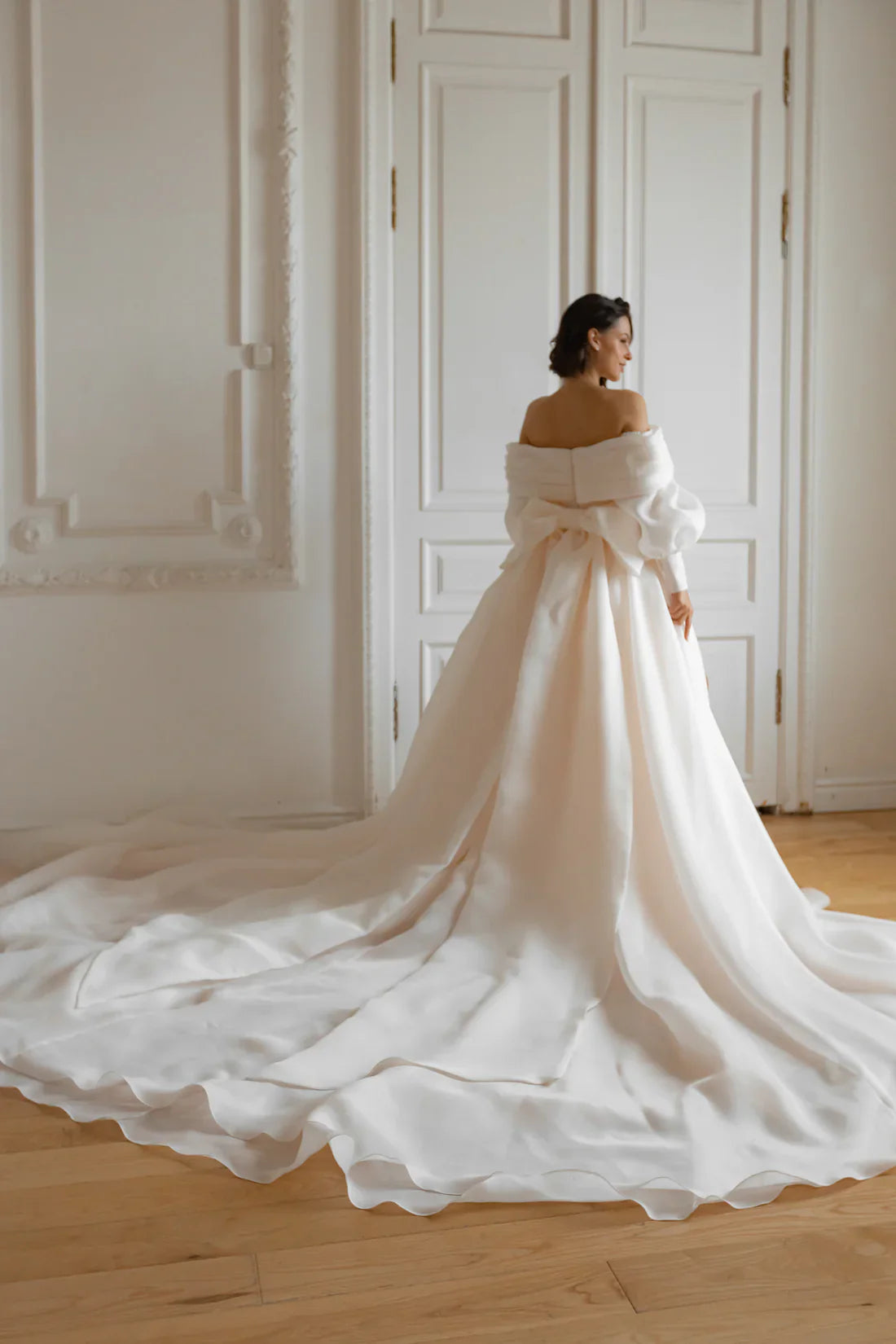 Off-the-Shoulder Organza Ballgown Wedding Dress Puff Sleeves Bow Back High Slit Cathedral Train Bridal Gown by LANQI DRESS