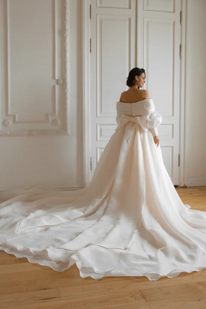 Off-the-Shoulder Organza Ballgown Wedding Dress Puff Sleeves Bow Back High Slit Cathedral Train Bridal Gown by LANQI DRESS