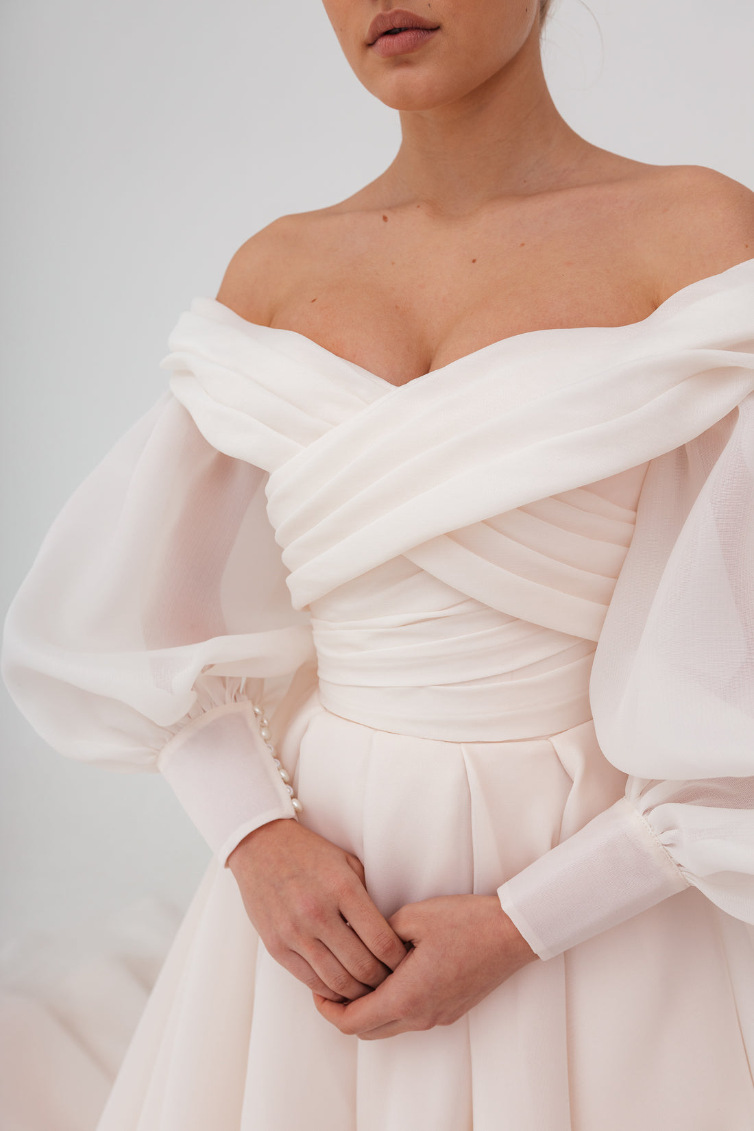 Off-the-Shoulder Organza Ballgown Wedding Dress Puff Sleeves Bow Back High Slit Cathedral Train Bridal Gown by LANQI DRESS