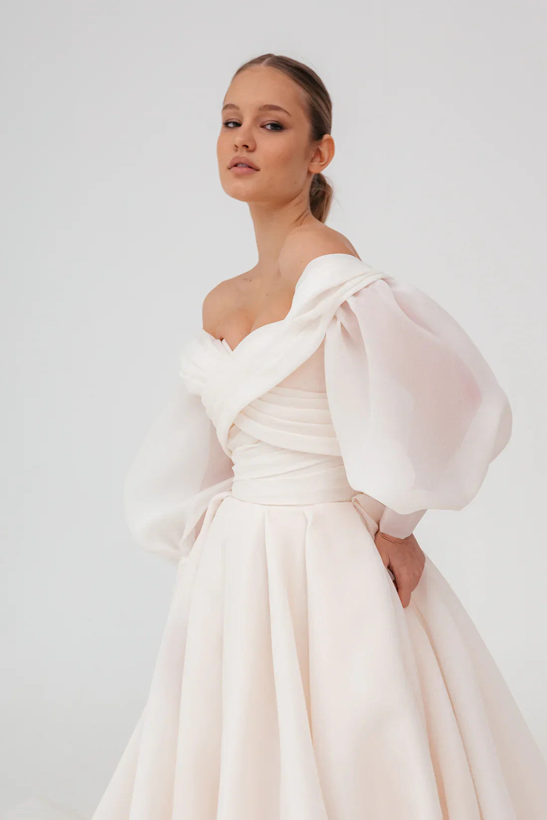 Off-the-Shoulder Organza Ballgown Wedding Dress Puff Sleeves Bow Back High Slit Cathedral Train Bridal Gown by LANQI DRESS