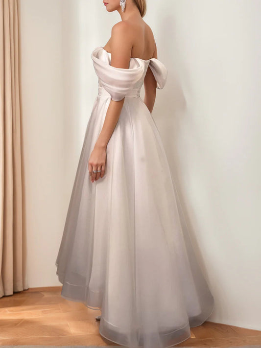 Off-the-Shoulder Organza Wedding Dress with Sweetheart Neckline & High-Low A-Line Skirt