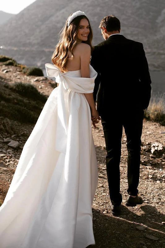 Off-the-Shoulder Satin A-Line Wedding Dress with Oversized Back Bow & Chapel Train by YiHuiw